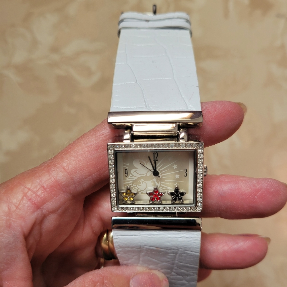 DISNEY Mickey Mouse watch, wide white leather band, moveable stars, rhin…